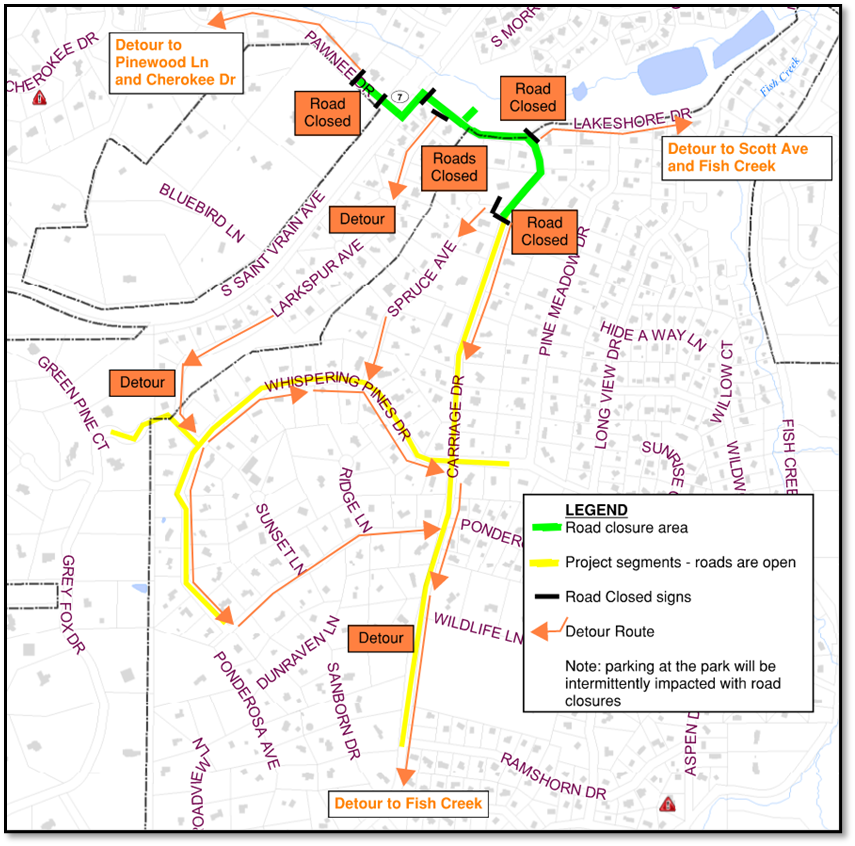 Map showing closed roads and detours