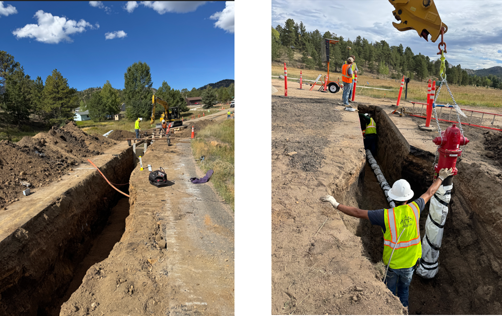 Two photos of trench, one with fire hydrant.