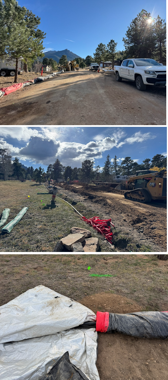 Three picture of road with the pavement stripped.stripped, big equipment & insulated service line.