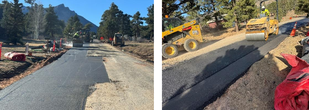 Two pictures of pavement work with a roller. One is at a distance and one is close up.