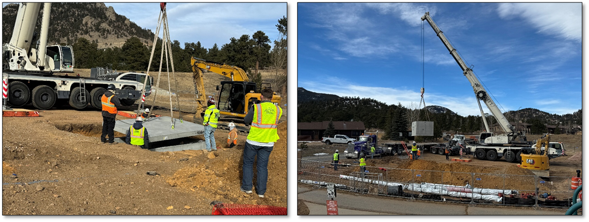 Two photos: an upclose photo of the PRV vault installation and another photo from a distance showing the crane placing the vault.