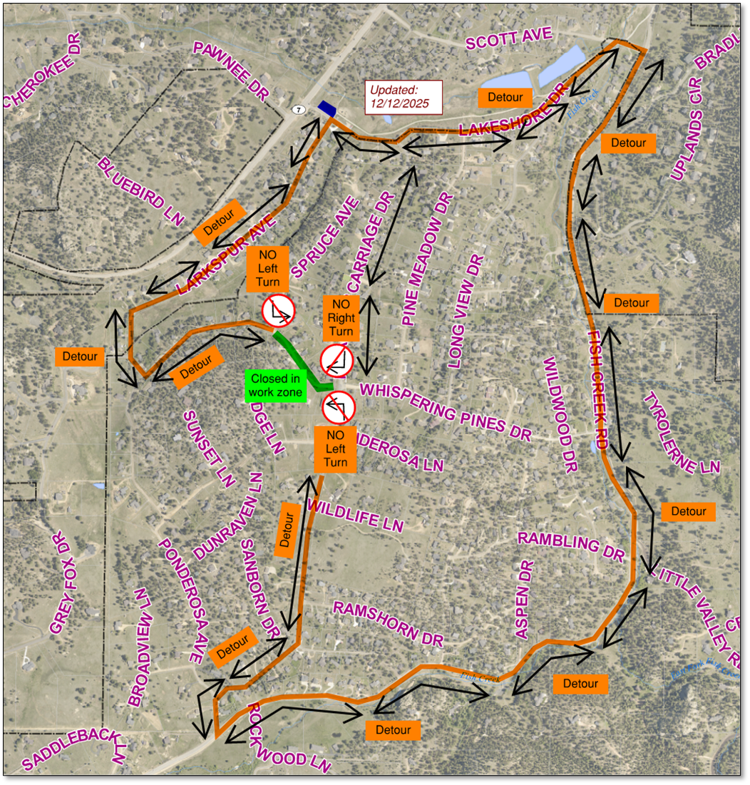 Map showing road closures and detours.