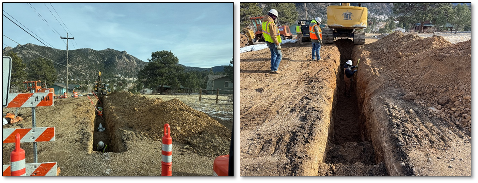 Photos of an open trench and a closeup photo of an open trench with a worker inside.
