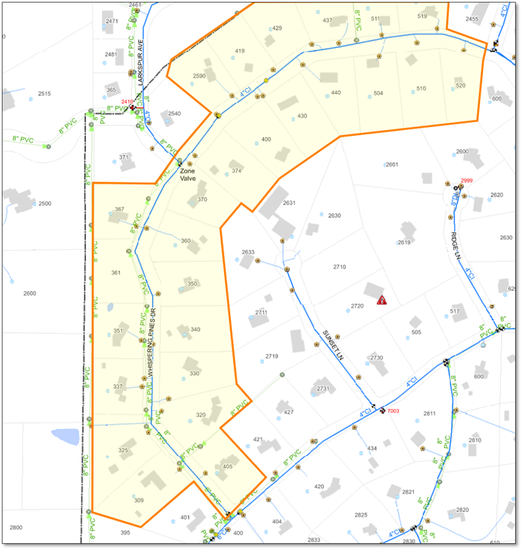 Map showing properties that will be impacted. by temporary water shut off February 26, 2026.