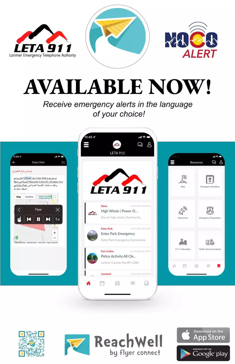 LETA 911 NOCO Alerts and ReachWell APP poster