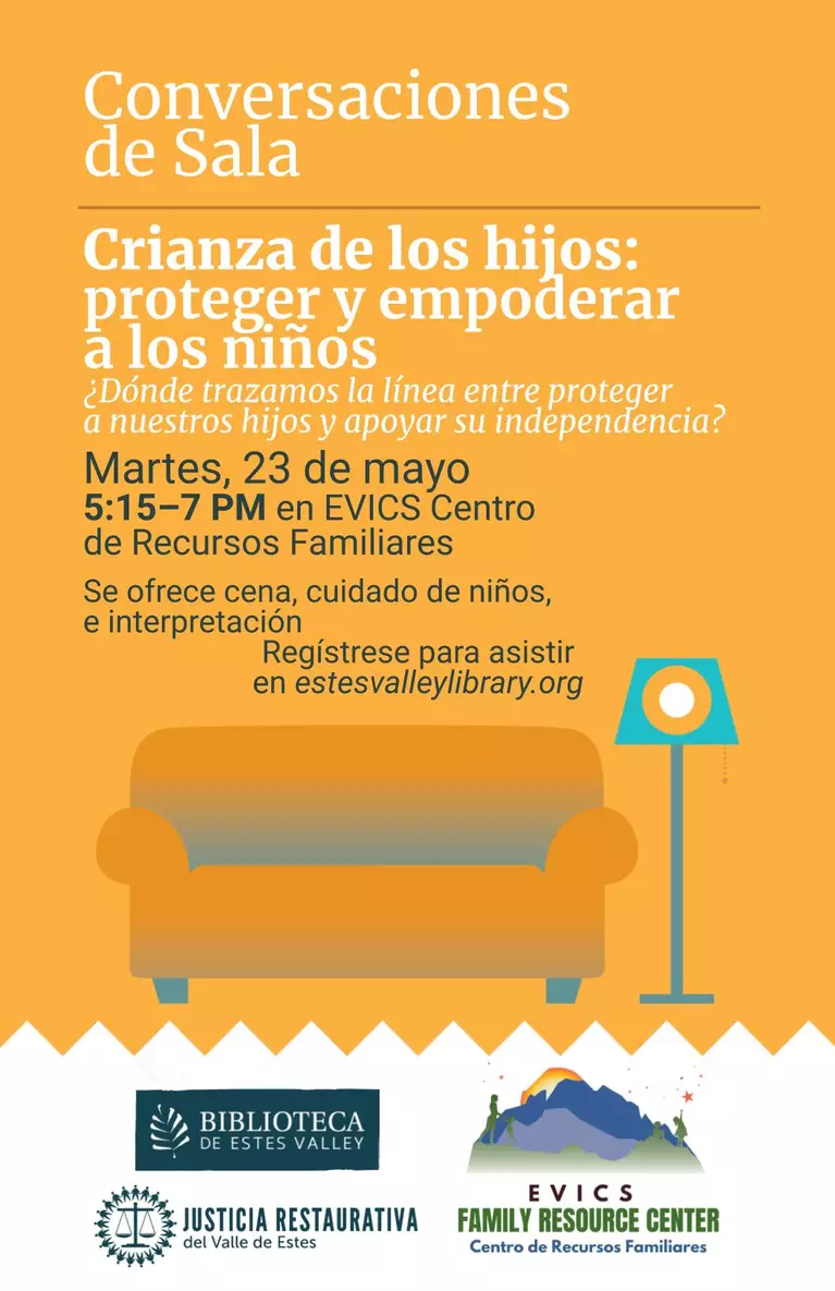 Spanish language - orange poster with couch and lamp advertising May 23, 2023 Living Room Conversation on Parenting