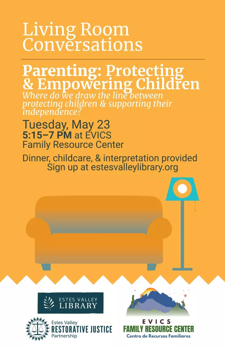 orange poster with couch and lamp advertising May 23, 2023 Living Room Conversation on Parenting