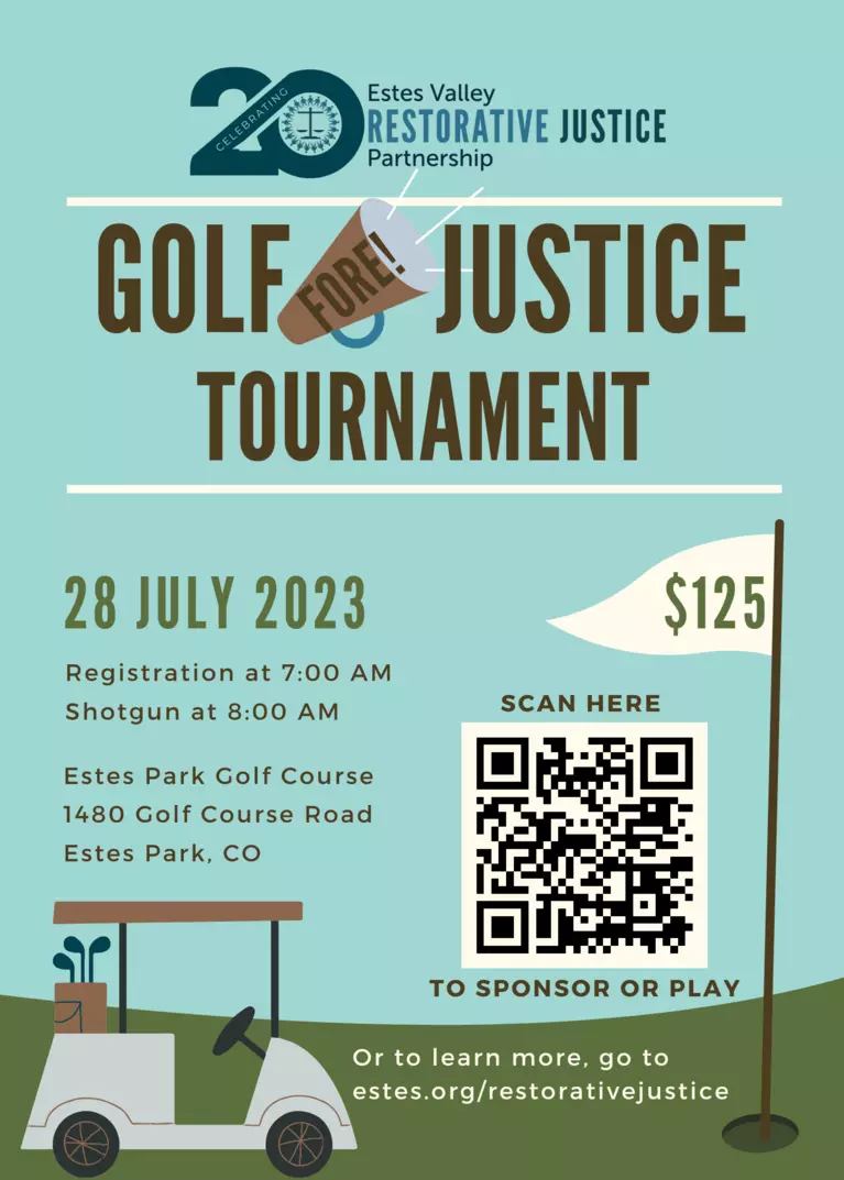 Estes Valley Restorative Justice Partnership's 2023 Golf for Justice tournament poster with 20th logo, golf cart and flagl