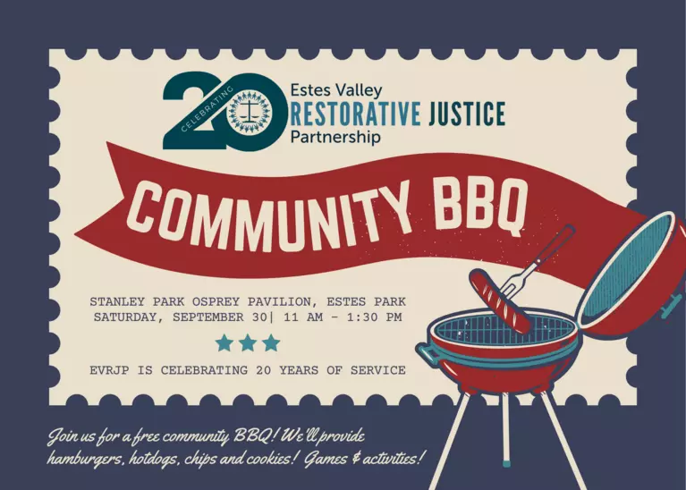 Blue and beige postcard with red banner, open charcoal grill and a hotdog on a grill fork. Invitation to join a free community BBQ on Sept. 30, 2023 from 11am to 1:30pm at Stanley Park Osprey pavilion in Estes Park.